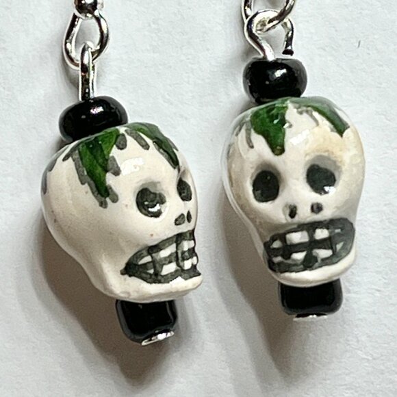 Skull Earrings Ceramic Bead Skeleton Halloween Goth Gothic Dangle Silver Plated - Picture 8 of 12